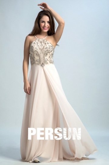 Robe de soirée longue beige avec bretelles fines