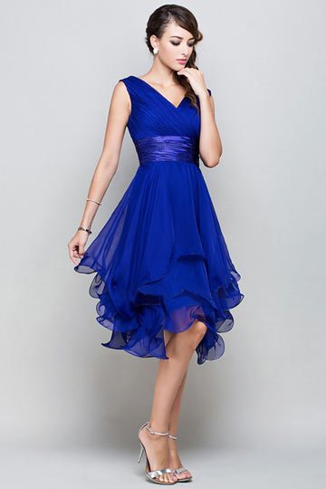 Femme robe de cocktail bleu royal col en v en mousseline