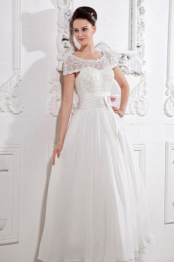 Robe mariée plage encolure bateau manche courte ornée de paillette et fleur fait main