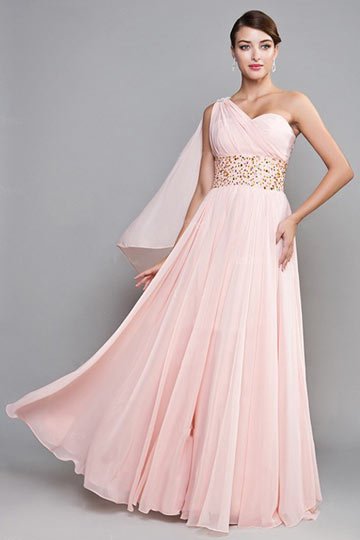 Robe rose poudre de fiançailles à bustier asymétrique longue ornée de paillettes