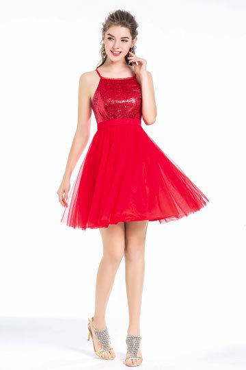 robe de soirée rouge courte à paillettes