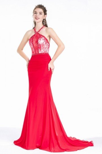 Robe de soirée rouge sirène longue à haut en dentelle