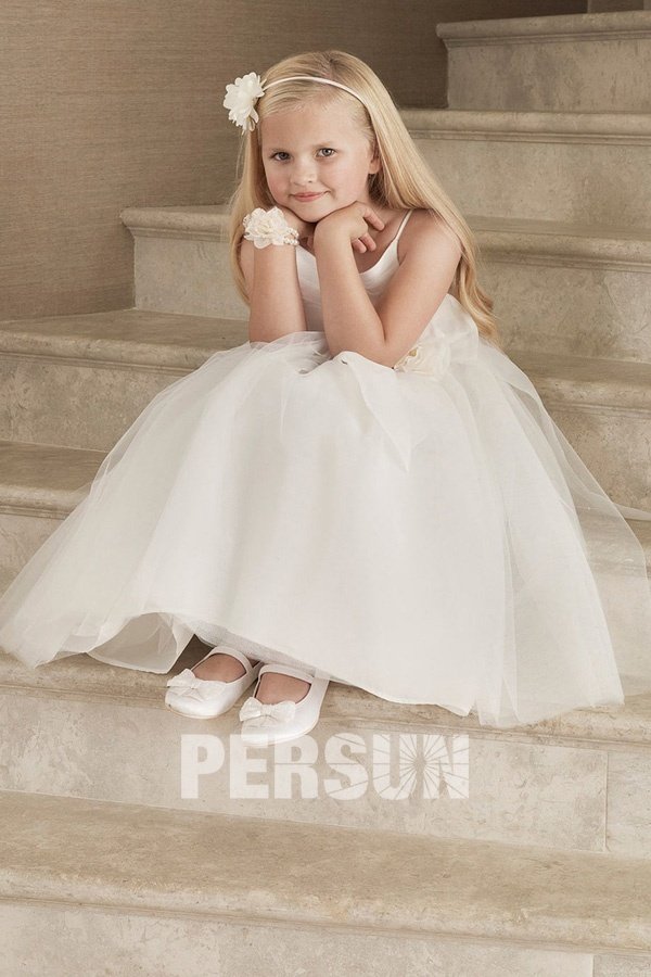 Robe cortège fille blanche longue avec bretelles fines en ligne A classique & princesse pour mariage 