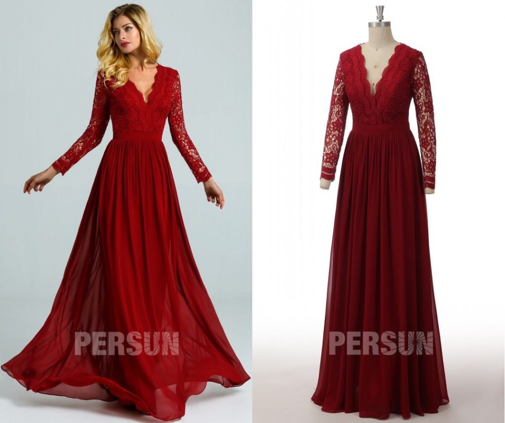 robe soirée longue bordeaux col v haut en dentelle avec manche longue