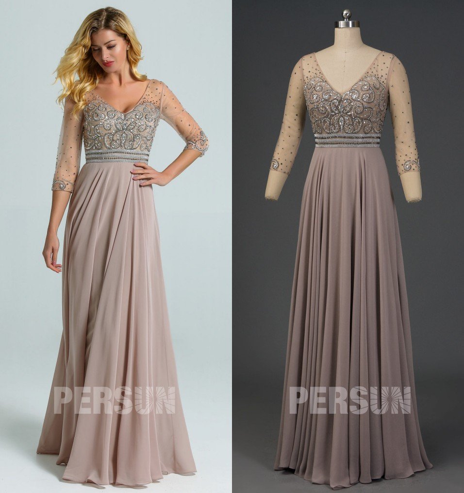 robe mère de mariée longue grise taupe col v embelli de bijoux avec manche mi-longue