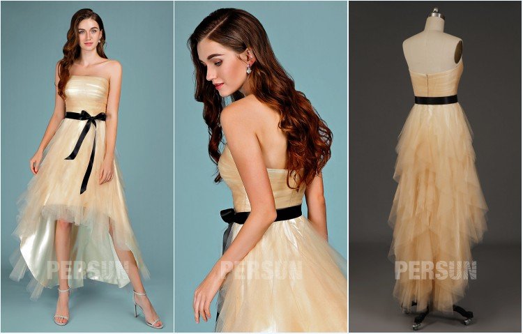 robe cortège mariage champagne courte devant longue derrière bustier ceinturé noire