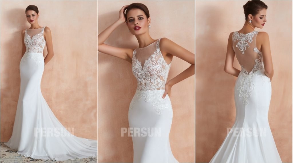 robe de mariée sirène 2020 haut en dentelle illusion à traîne chapelle