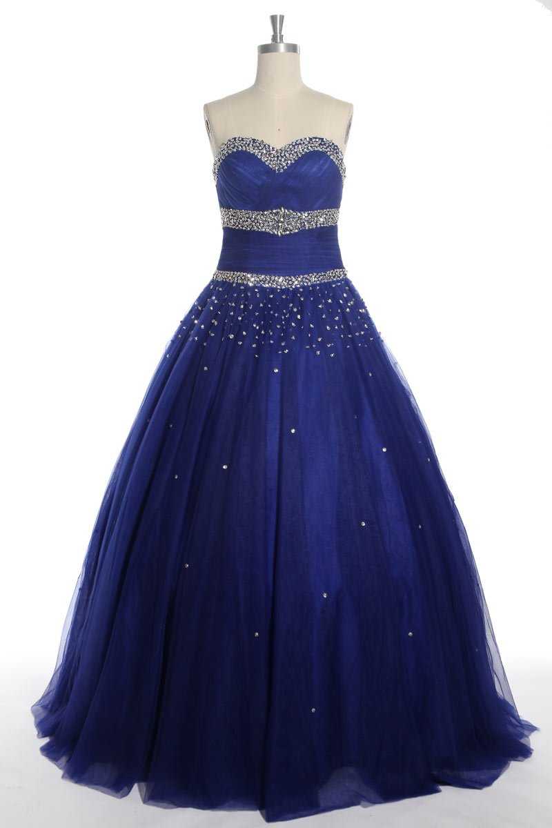 robe de cérémonie bleu foncé princesse bustier coeur ornée de bijoux