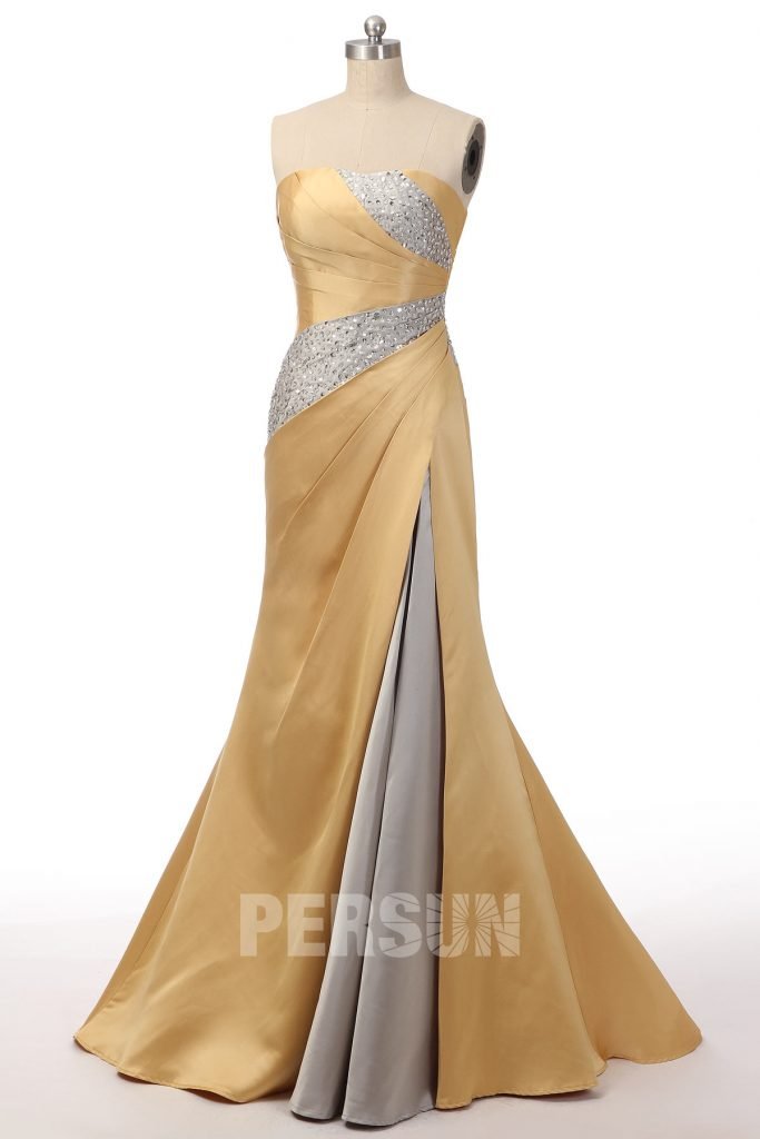 robe de mariée sirène dorée argenté bustier plissé embelli de strass