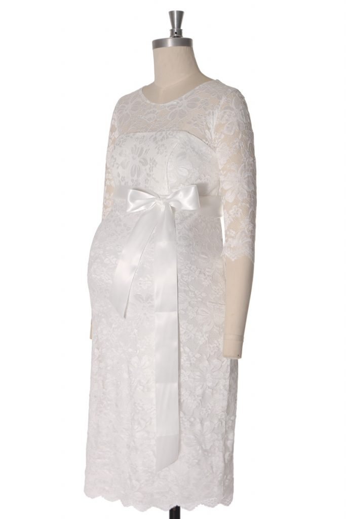 robe de mariée enceinte courte fourreau col illusion en dentelle à manche courte