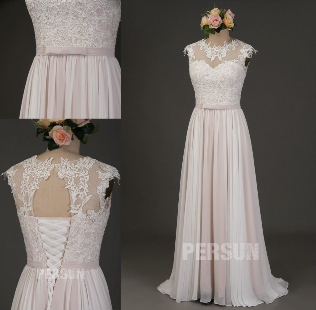 robe de mariée ivoire doublure rose col illusion haut en dentelle appliquée dos nu