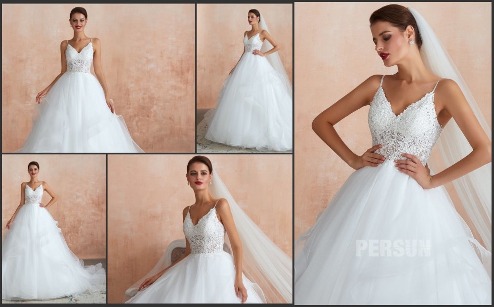 robe de mariée 2020 princesse haut en dentelle transparente col v et jupe à volant