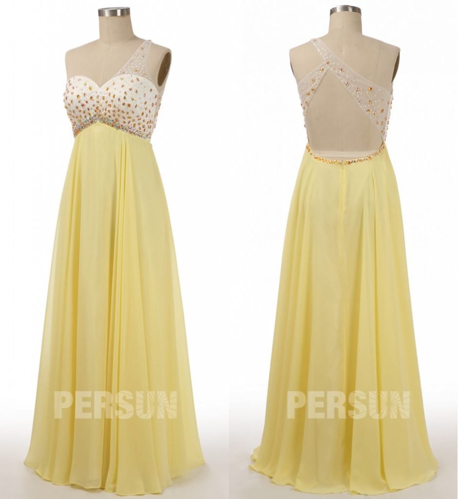 robe de soirée longue asymétrique jaune empire haut embelli de strass
