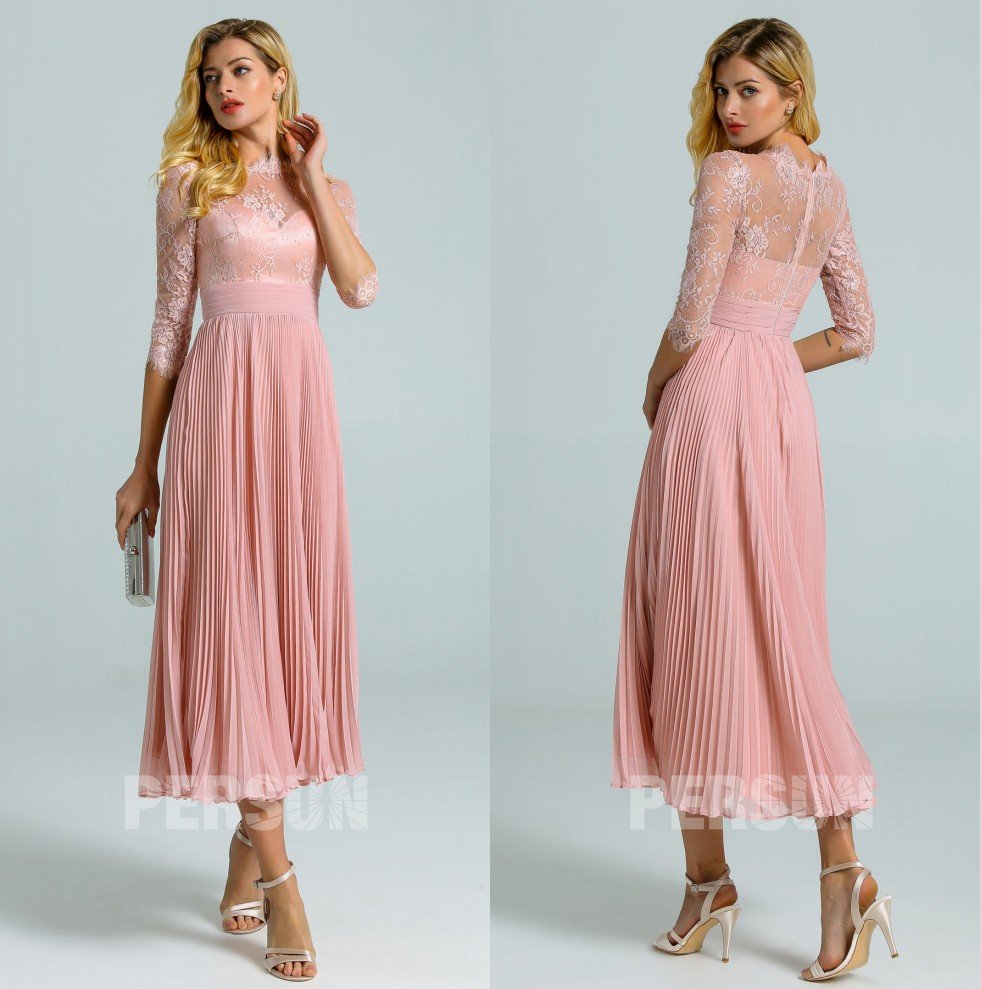 robe cocktail vintage midi rose chair col feston dentelle avec manche courte et jupe drapé