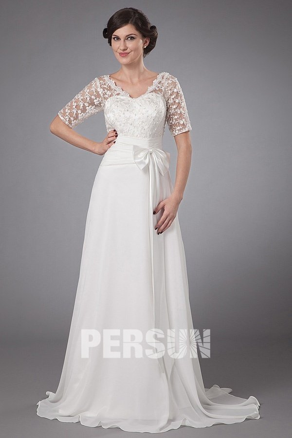 Robe mère de mariée ivoire col V à manche courte