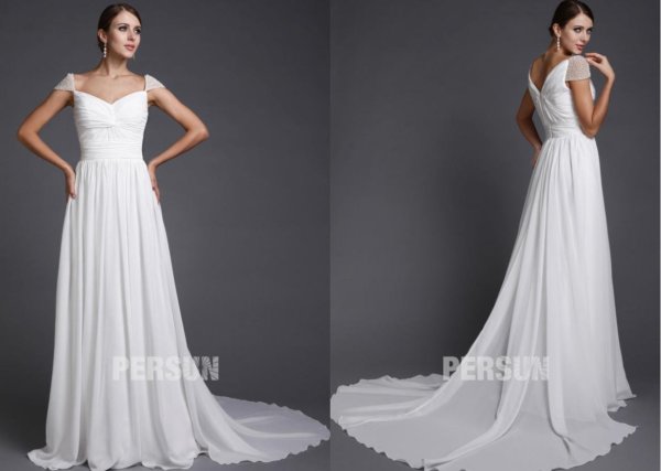 Robe mariée blanche longue simple avec mancheron perlé