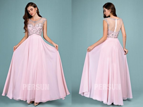 Robe de soirée rose longue en ligne A haut embelli de bijoux scintillant