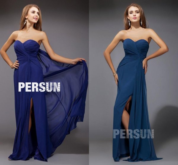 Robe bleu bustier cœur en l;igne A sans manche avec fente latérale