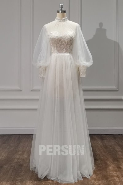 Robe élégante encolure montante strass pour mariage