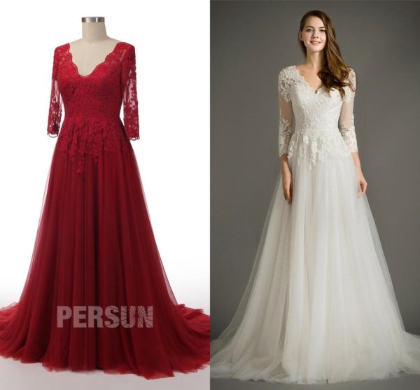 Robe mariée bohème chic col V à haut appliqué manches mi longue