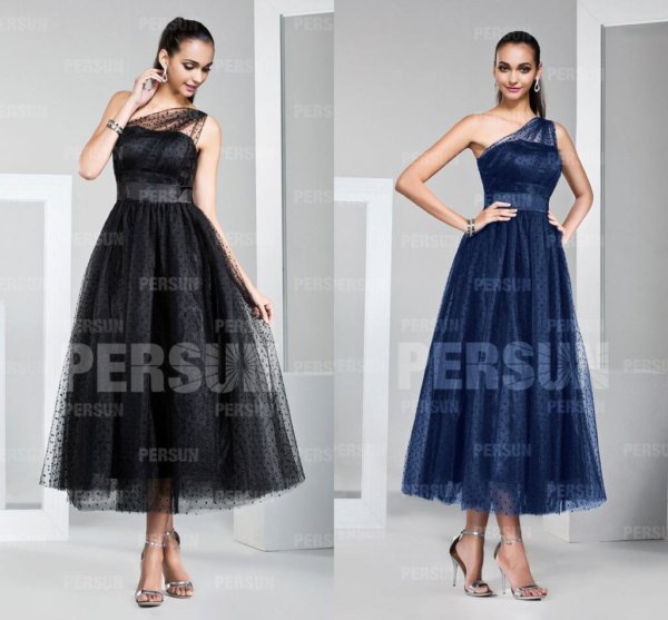 Robe asymétrique chic en tulle à pois noir ou bleu